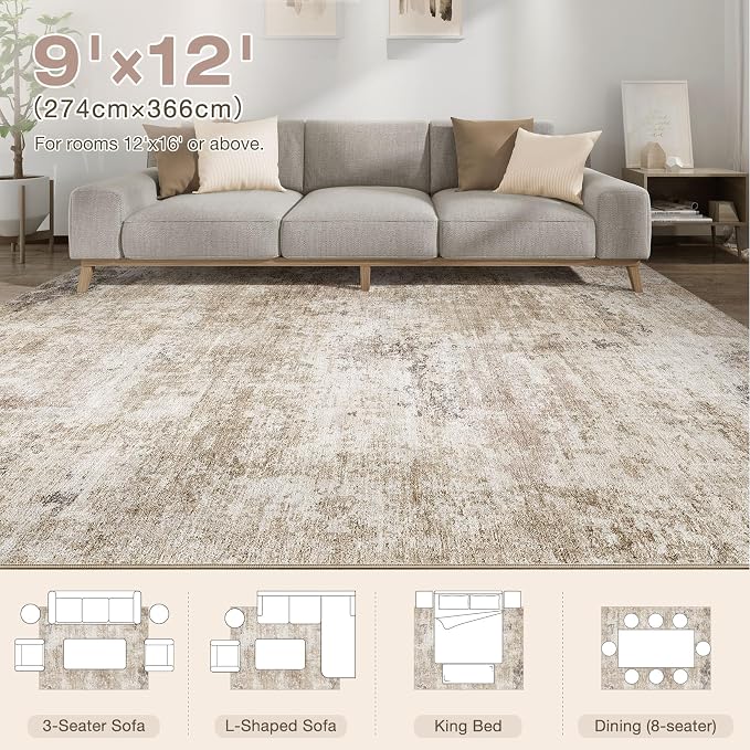 Abstract 9x12 Area Rug: Machine Washable Non Slip Ultra Thin Low-Pile Carpet, Soft Stain Resistant for Living Dining Room Bedroom, Kid Pet Friendly, Robot Vacuum Compatible - Brown
