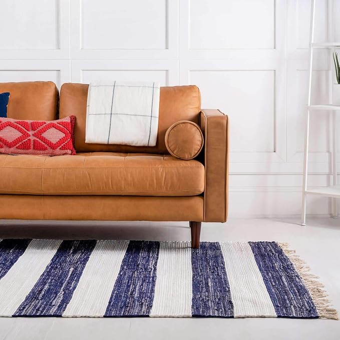 Unique Loom Chindi Rag Collection Area Rug - Striped (8'x 10' Rectangle, Navy Blue/ Ivory)