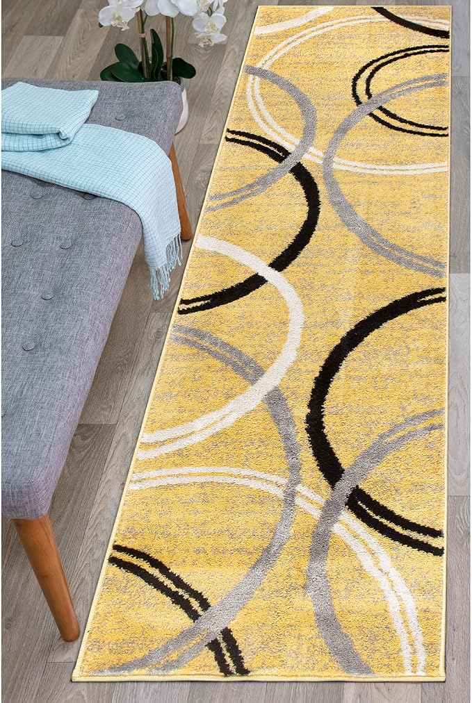 Rugshop Wavy Circles Non-Shedding Living Room Runner Rug Yellow 2' x 10'