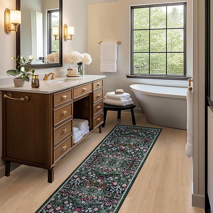 Runner Rug for Entryway: 2x5 Kitchen Rugs Non Slip Washable Ultra-Thin Soft Floral Carpet Indoor Floor Stain Resistant Carpets for Hallway Bedroom Kitchen Laundry Bathroom Dorm Dark Green