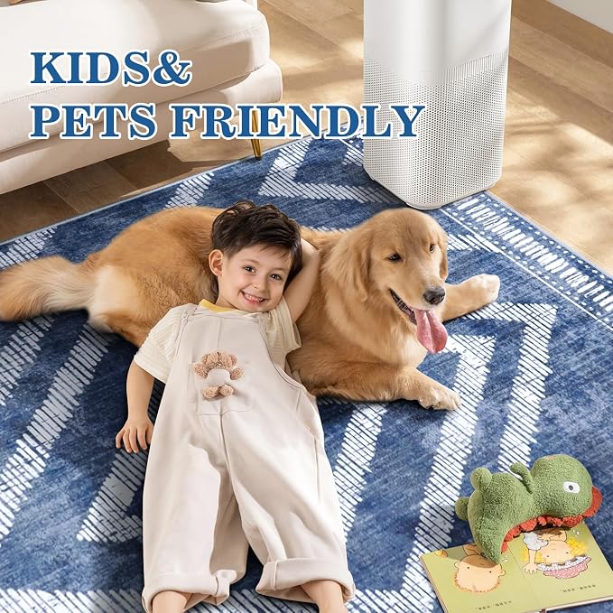 Boho Washable Rugs 5x7ft for Living Room, Low Pile Blue Bedroom Area Rug Non Slip, Moroccan Soft Kids Nursery Area Carpets for Dining Room Playroom Kitchen Home Office Decor
