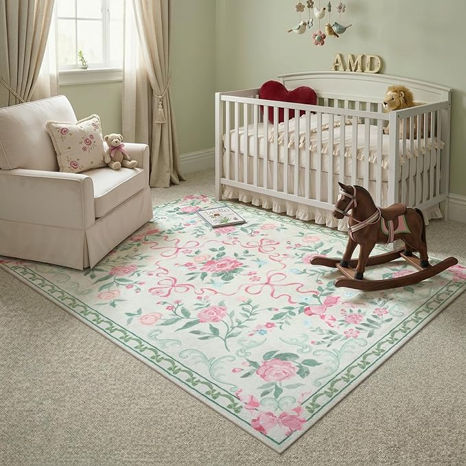 Collive Green Floral Rugs for Girls, 5x7 Washable Bow Area Rug for Living Room, Cute Ultra-Thin Non Slip Indoor Decor Carpet for Nursery Kids Room Bedroom Playroom (Green 5' x 7')