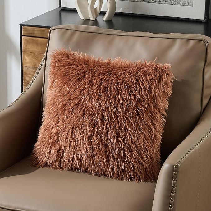 FUTEI Pack of 2 Shaggy Mongolian Faux Wool Throw Pillow Covers 18x18 Inch Soft Fluffy Farmhouse Decorative Cushion Case for Couch Bed Living Room, Rust