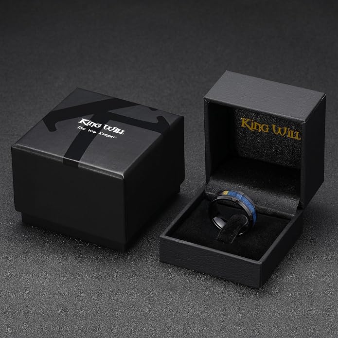 King Will Black Tungsten Wedding Band For Men, 8mm Promise Ring Inlay Red Twill Pattern/Colorful Wood Chips, High Polished Beveled Edge - Suitable For Daily Wear, Comfort Fit Size 7-14
