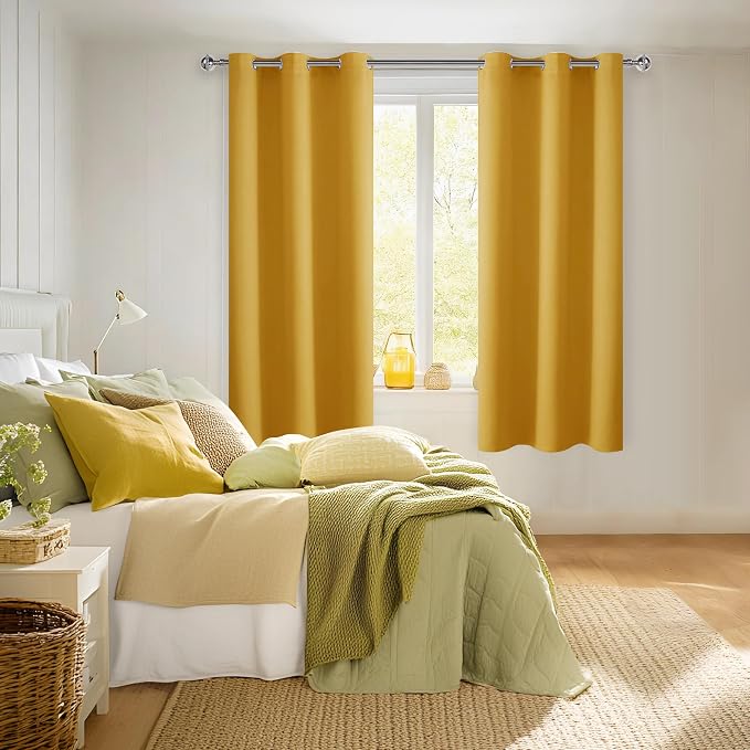 Hiasan Blackout Curtains for Bedroom, 38 x 63 Inches Length - Thermal Insulated & Light Blocking Window Curtains for Living Room, 2 Drape Panels Sewn with Tiebacks, Mustard Yellow
