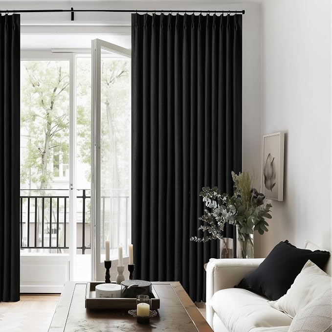 Black Pinch Pleated 100% Blackout Linen Bedroom Curtains 96 Inch Length | Double Layer Curtains, Pleat with Ring Hooks Back Tab, Black Out Room Darkening Drapes, for Living Room, 40x96 2 Panels Set