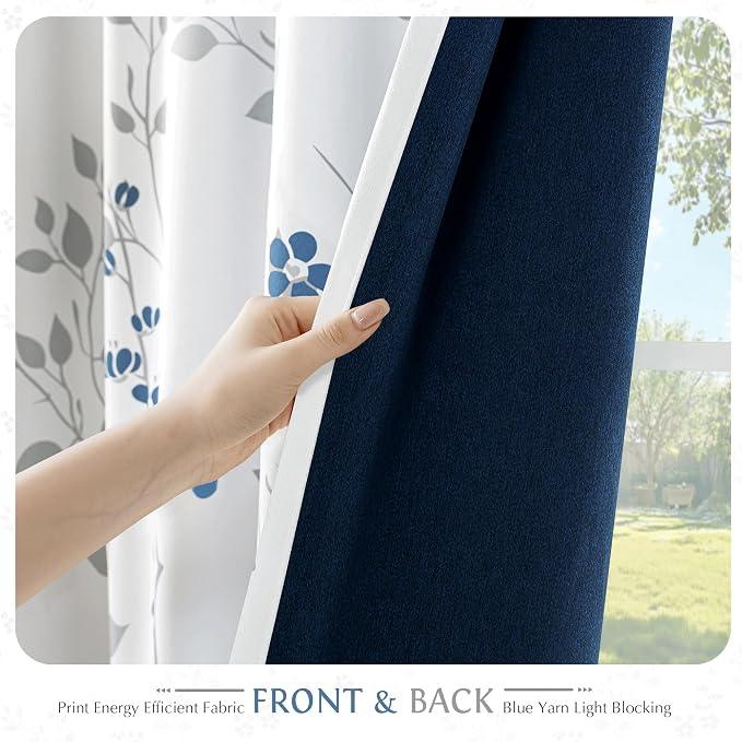 Beauoop Floral 100% Blackout Curtains for Bedroom Blue Grey 52X90 2 Panels | Flower Patterned Blue White Room Darkening Drapes for Living Room 90 Inch Long Thermal Soundproof Window treatment Rod Pocket