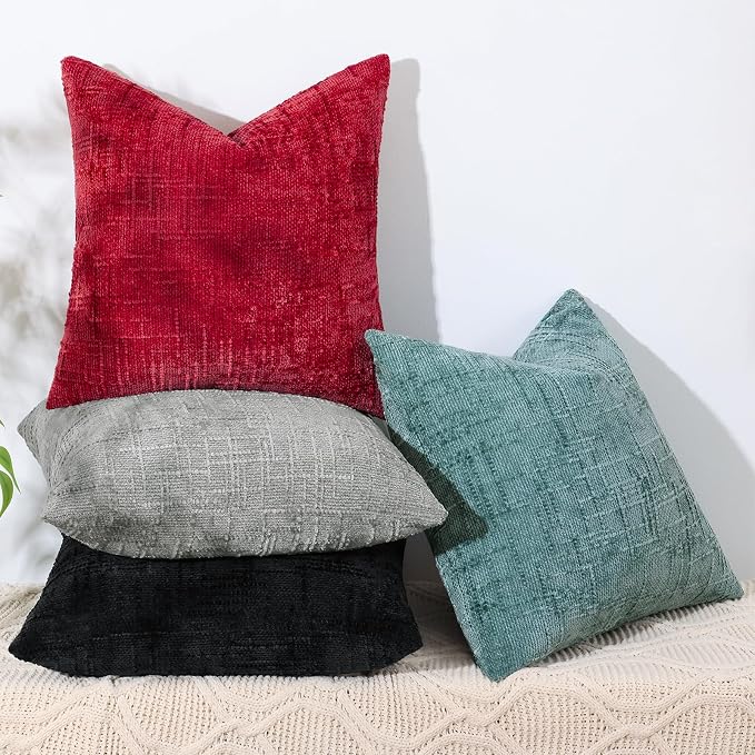 decorUhome Textured Chenille Throw Pillow Covers 24x24 Set of 2 Red | Fall Modern Farmhouse Soft Cozy Slubby Couch Pillow Cases Boho Decorative Pillow Cases for Bed Sofa Living Room Home Decor