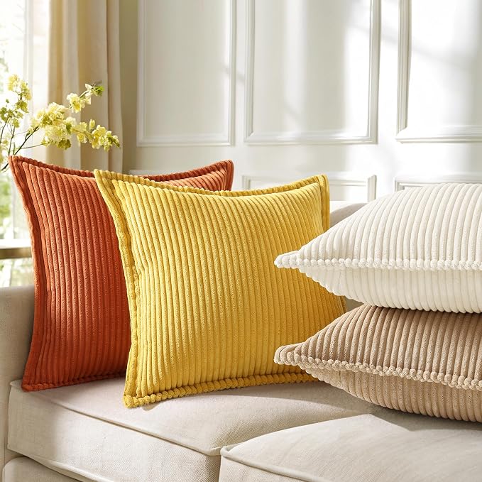 decorUhome Fall Corduroy Mustard Yellow Throw Pillow Covers 26x26 Set of 2 | Euro Sham Couch Decorative Soft Modern Boho Farmhouse Pillow Covers Broadside Striped Pillow Cases for Living Room Bed Sofa