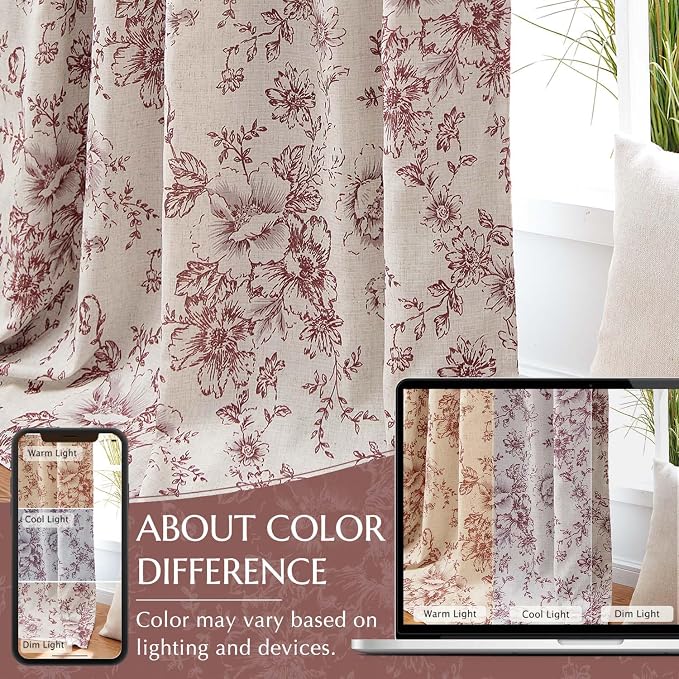 jinchan Red Floral Linen Blackout Curtains Lined 96 Inch Back Tab 2 Panels | Blackout lining, room darkening drapes, farmhouse, vintage, cottagecore, rustic, bedroom, living room, window treatment