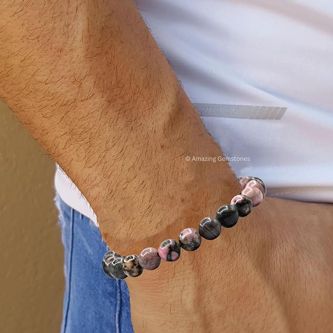 Amazing Gemstone Rhodonite Bracelet, Gifts for Men & Women - Protection Healing Crystal Bracelet - 8mm Gemstone Beaded Adjustable Bracelet, Pulseras para Hombres Mujer Stocking Stuffers