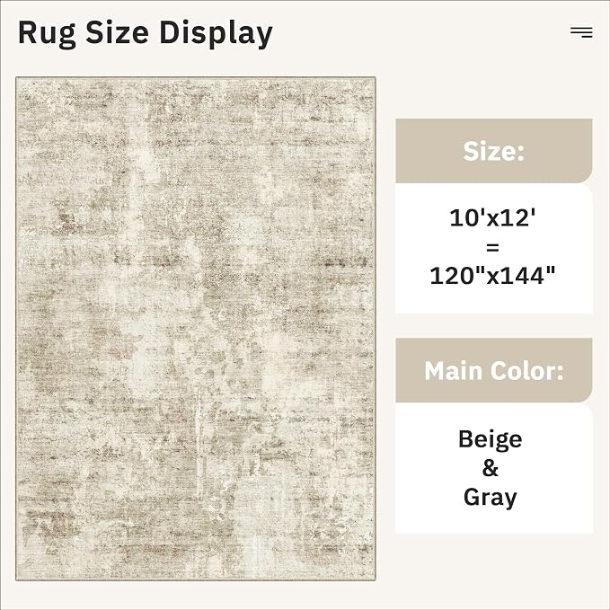 Soalmost Area Rug 10x12 Vintage Washable Living Room Large Carpet Non Slip Bedroom Indoor Office Dining Room Low Pile Thin Rug Beige Gray
