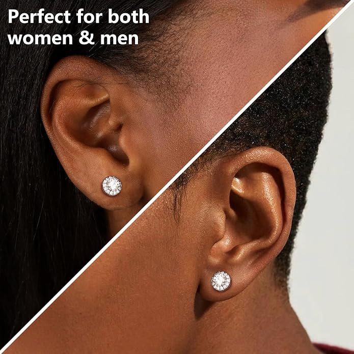 GEMQUEEN Moissanite Magnetic Earrings for Men : 18K White Gold Plated Hypoallergenic Stainless Steel Non Piercing Clip on Fake Earrings Studs Halo Round Square Diamonique Earring Women D Color VVS1