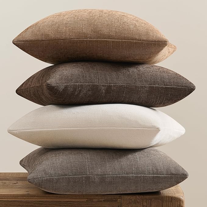 Pack of 4 Throw Pillow Covers 18x18 Inch Chenille Textured Neutral Brown Soft Pillow Covers Solid Decorative Farmhouse Cushion Covers Home Boho Western Decor for Couch Sofa Bed Living Room
