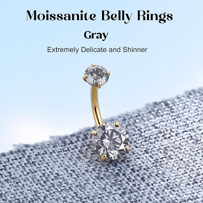 GEMQUEEN Moissanite ＆ G23 TItanium Belly Button Ring 18K Gold Plated Hypoallergenic Internally Threaded Belly Rings 14G Navel Piercing Jewelry For Women Men D Color VVS1 Clarity Brilliant Cut