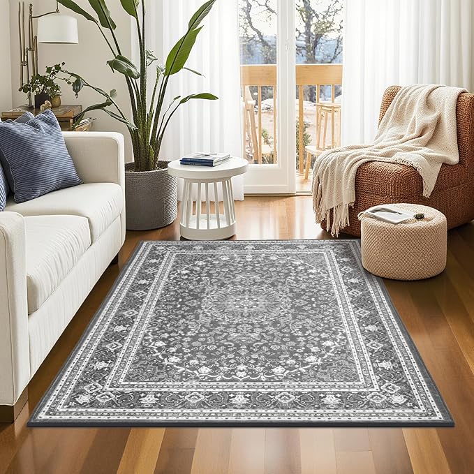 Lessymo 3 x 5 Area Rugs for Living Room- Machine Washable Area Rugs Boho Faux Wool Low Pile Area Rug for Bedroom Floral Medallion Vintage Rugs with Non-Slip Rubber, Kid & Pet Friendly,Grey White