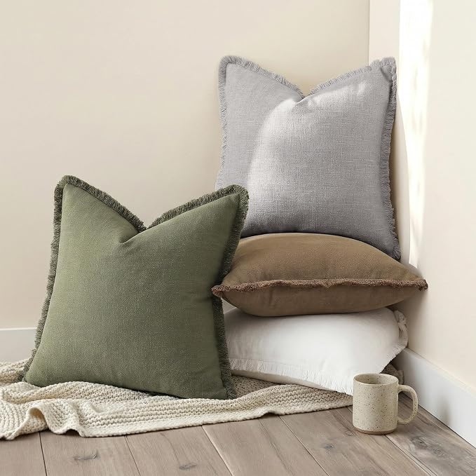 decorUhome Linen Fringe Dark Grey Throw Pillow Covers 18x18 Set of 2 | Decorative Soft Accent Modern Boho Farmhouse Cushion Covers with Tassels Cotton Pillow Covers for Couch Bed Sofa