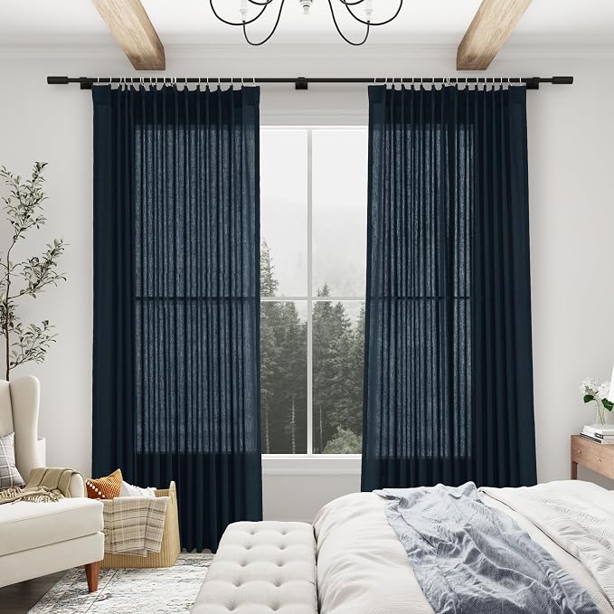 Navy Blue Pinch Pleated Linen Curtains 108 Inches long for Living Room 2 Panels Set Flax Pleat Drapes Back Tab Semi Sheer Neutral Boho Ceiling to Floor 108 Inch Curtains for Bedroom Window 9 FT 40x108