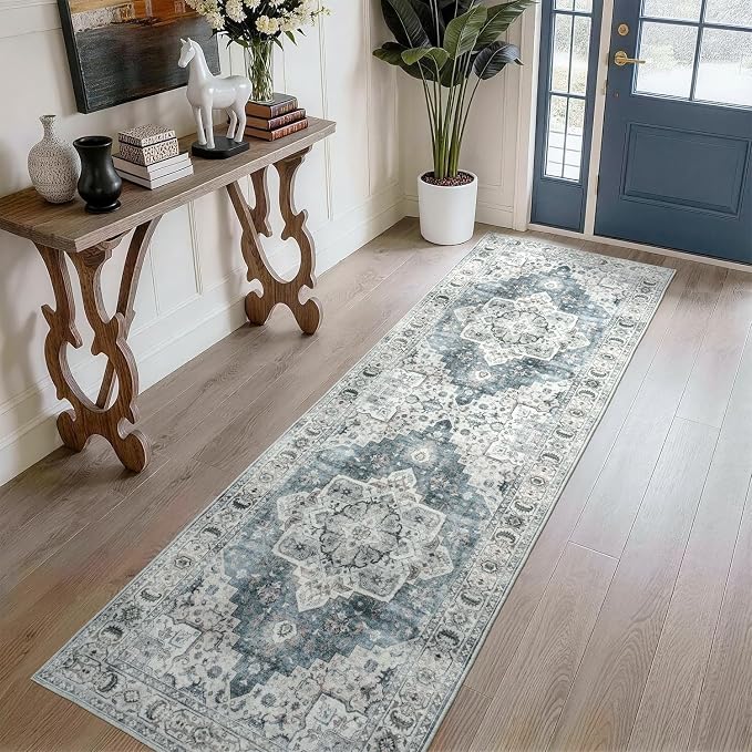 Lessymo Runner Rug 2 x 6, Machine Washable Entryway Rugs Boho Faux Wool Low Pile Area Rug for Bedroom, Floral Medallion Vintage Rugs with Non-Slip Rubber,Blue Grey/Beige