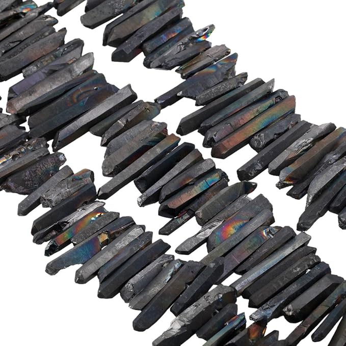 SUNYIK Black Titanium Coated Crystal Points Quartz Rough Sticks Spikes Point Beads 15 inch Strand Drilled