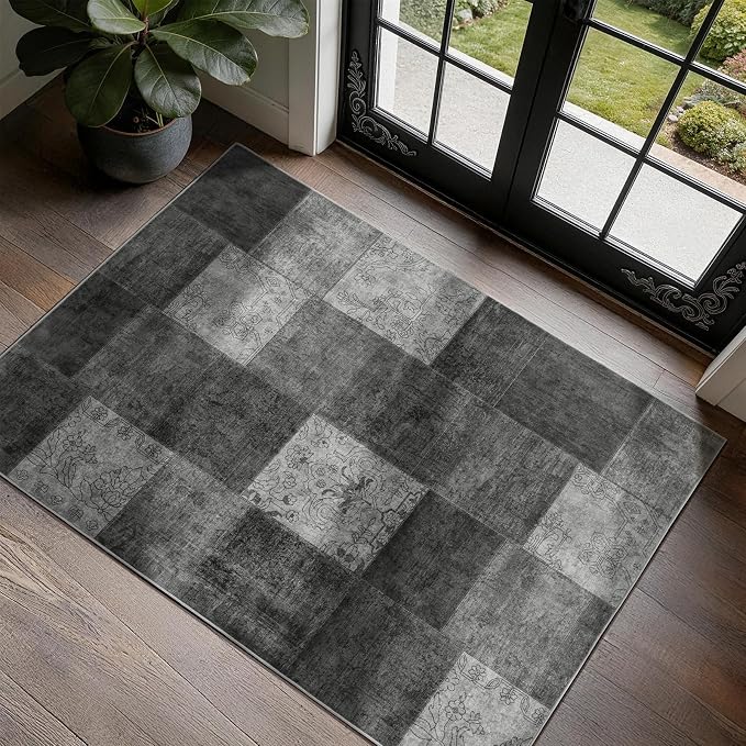 LIANLAM 2x3 Washable Entryway Rug,Non-Slip Indoor Door Mat with Vintage Boho Checkered Pattern, Stain & Water Resistant Faux Wool Low Pile for Front Door,Hall,Kitchen,Bathroom - Easy Clean(2x3,Black)