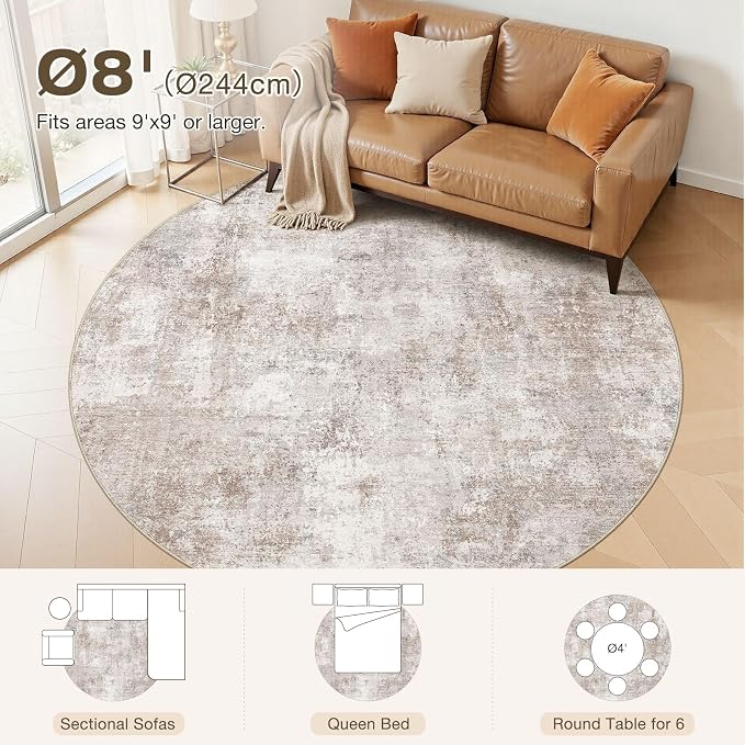 8ft Round Area Rugs for Living Room, 8x8 Washable Non Slip Soft Large Rugs for Bedroom Dining Room, Modern Abstract Low Pile Stain Resistant Carpet for Laundry Office Home Decor - Brown