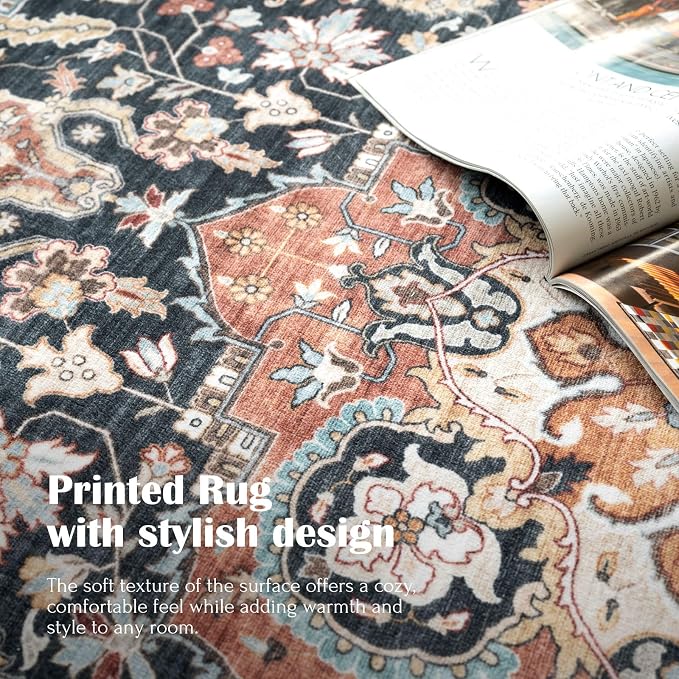 LUXRUG 6x9 Area Rug for Living Room - Terracotta Black Washable Rugs for Bedroom Non-Slip Oriental Farmhouse Soft Bedroom Rug Stain Resistant Dining Room Rugs for Under Table Southwestern Home Decor