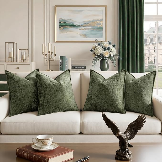a moment Throw Pillow Covers 16X16 Inch 4 Packs,Soft Velvet Decorative Pillow Cases with 3D Ice Flower,Texture Modern Accent Cushion Covers for Sofa Couch Home Decor Moss Green