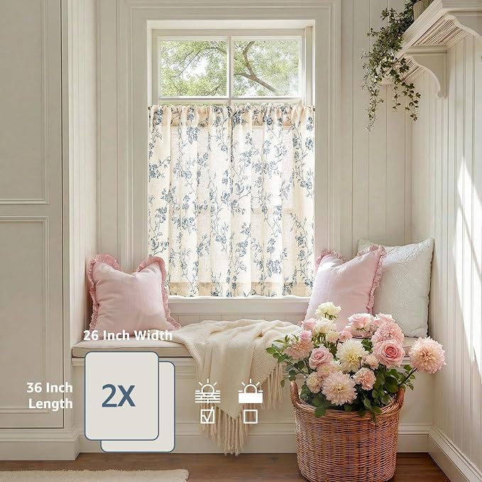 Lazzzy Elisa Floral Kitchen Curtains 36 Inch Linen Cafe Curtains Farmhouse Half Window Drapes Over Sink Light Filtering for Small Windows Rod Pocket Back Tab 2 Panels Blue on Beige