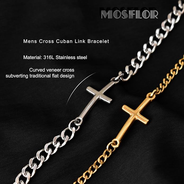 Cross Bracelet for Men, Silver/Gold/Black Mens Cross Bracelets Stack Stainless Steel Cuban Link Chain Bracelet Set Non Tarnish Adjustable Chunky Mens Jewelry Gifts for Men Dad Him Father's Day