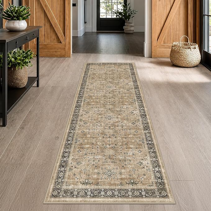Washable Natural Sage 2x10 Entryway Long Runners for Hallways, Kitchen Floor Mat for Indoor Entrance, Taupe Vintage Earthy Decor, Non-Slip Stain Resistant Low-Pile Throw Rug