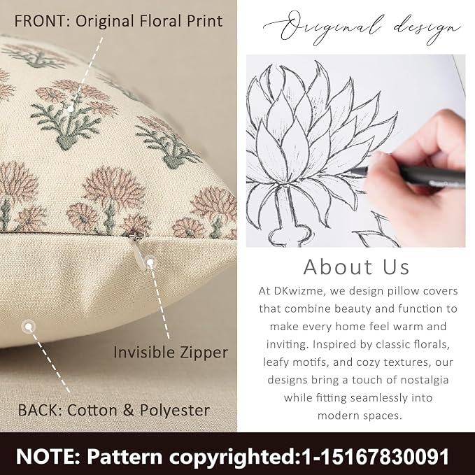 Farmhouse Floral Pillow Covers 24x24 Set of 2, Country Botanical Throw Pillow Cover for Sofa Couch Bed Living Room, Rustic Vintage Flower Cushion Covers Cottage Home Décor,Blush Sage