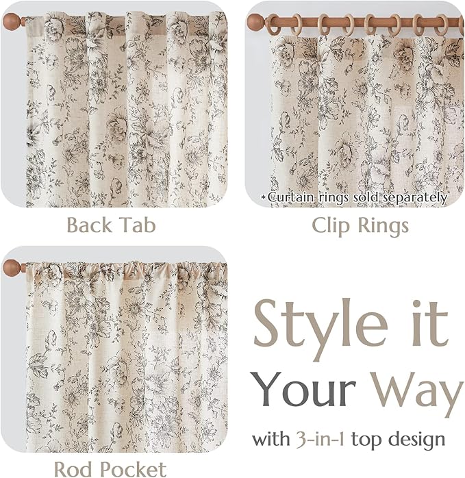 jinchan Black Floral Linen Curtains 96 Inch Farmhouse Back Tab 2 Panels | Light filtering drapes, semi sheer, farmhouse, cottagecore, rustic, living room, bedroom, rod pocket, window treatment