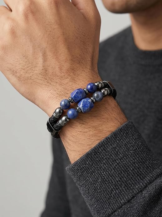Black Braided Leather Bracelet for Men with Turquoise, Lapis Lazuli, Tiger Eye, Obsidian Stone Double-Row Wristband Beads with Stainless Steel Clasp Fashion Jewelry Gift for Him
