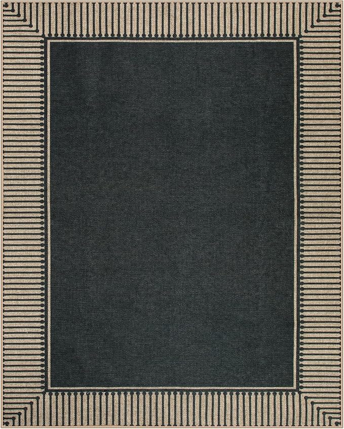 Moynesa Striped Border Easy Jute Outdoor Rug 8x10, Washable Indoor Outdoor Patio Area Rugs for Living Room Non Slip, Modern Classic Farmhouse Carpet for Dining Room Table, Black