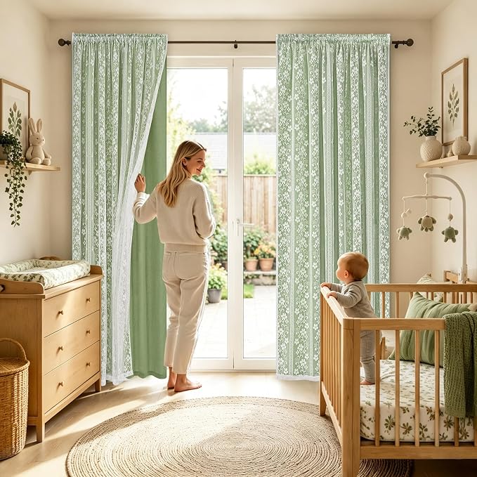 ASPMIZ Linen Curtains for Living Room Double Layer Curtains with Linen Lace, Sage Green Curtain for Bedroom Light Filtering, Rod Pocket Drapes 63 Inch Length 2 Panels Set with 2 Tiebacks, 52x63