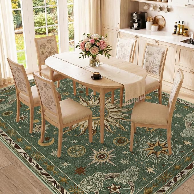 Vacuum-Friendly, 8x10 Washable Area Rug, Green Brown | Sun and Moon Boho Gothic Non-Slip Low Pile Living Roon Bedroom Dining Room Kitchen Entry Entryway Entrance Hallway Doormat