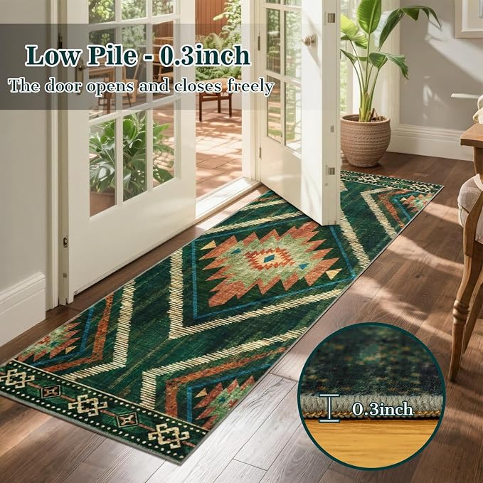 Runner Rugs for Hallway Boho 2x6Ft Non Slip, Green Moroccan Washable Farmhouse Kitchen Rug Runner Non Slip, Soft Geometric Bedroom Entryway Floor Carpet for Entrance Home Decor