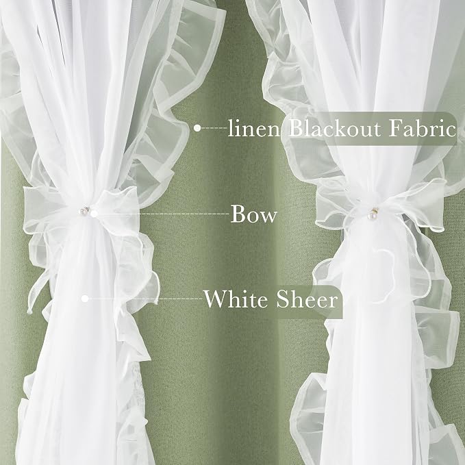 PONY DANCE 100% Blackout Curtains for Girl's Bedroom, Double Layer Grommet Curtain 84 inch Long with Sheer Overlay for Living Room, Nursery Kids Toddler Room Decor, Light Sage, 52" W x 84" L, 2 Panels