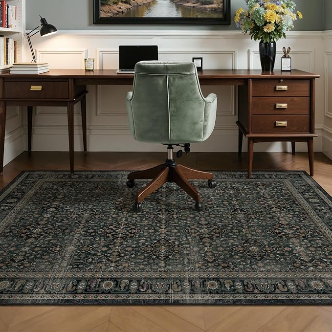 Dark Teal 5x7 Rugs for Living Room Bedroom, Washable Rug with Vintage Floral Trellis Pattern, Non Slip Low Pile Soft Carpet Rugs for Den/Home Office/Kitchen/Foyer, Teal Green Brown Accents