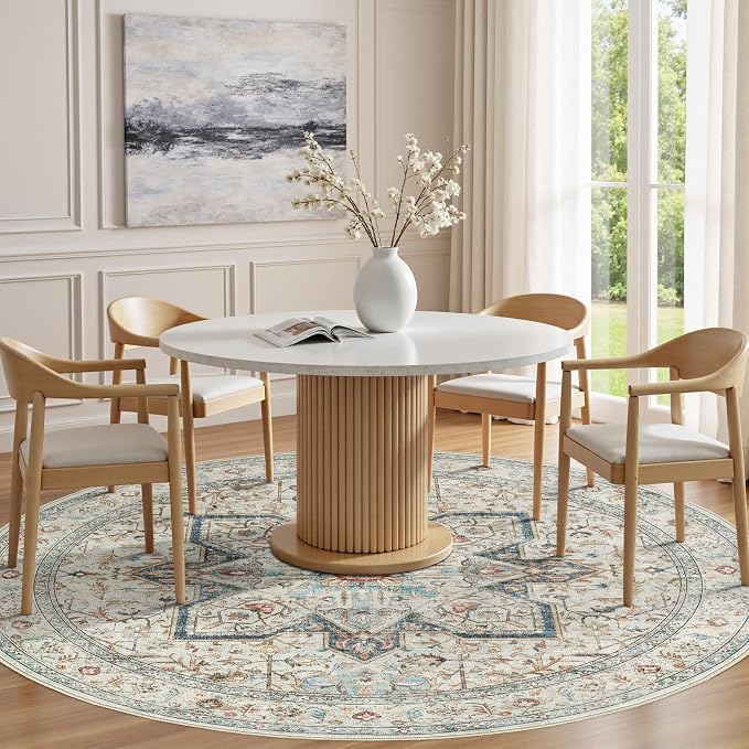 Tortania 8' Round Area Rug Living Room Rugs - Washable Boho Rug Vintage Oriental Distressed Farmhouse Large Thin Indoor Carpet for Bedroom Under Dining Table Home Office - Aqua Multi