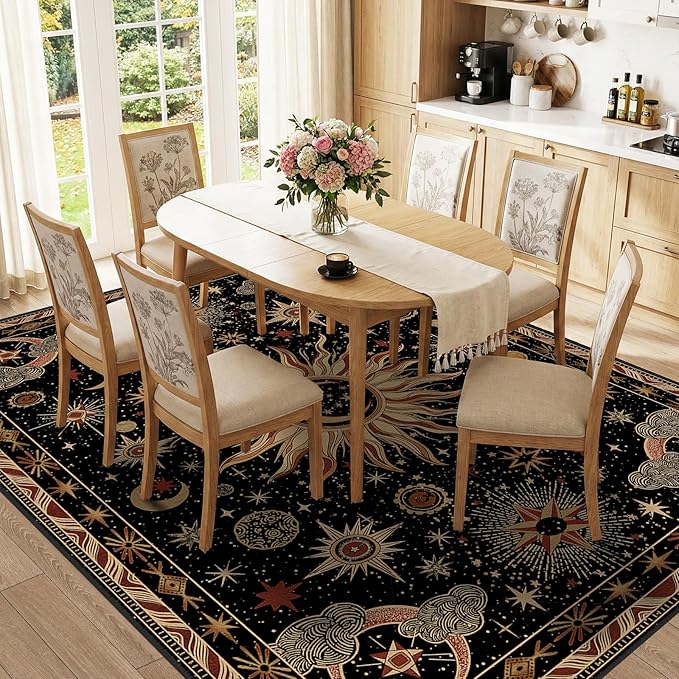 Vacuum-Friendly, 8x10 Washable Area Rug, Black Gold Beige Red | Sun and Moon Boho Gothic Non-Slip Low Pile Living Roon Bedroom Dining Room Kitchen Entry Entryway Entrance Hallway Doormat
