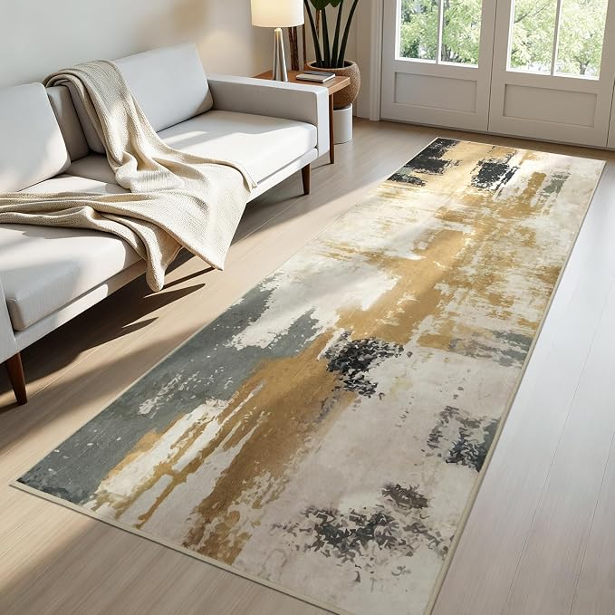 Joydeco 2x6 Washable Runner Rug for Hallway, Modern Abstract Non-Slip Soft Rugs, Low Pile Carpet for Entryway, Bedroom, Kitchen, Laundry, White &Beige & Dark Gray