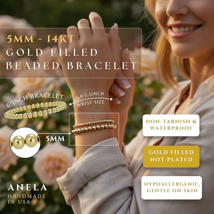 Anela 14k Gold Filled Beaded Bracelet for Women | 5mm Gold Beaded Bracelet | Stackable Gold Stretch Bracelets, Waterproof, Non Tarnish Gold Bead Bracelet for Women Gifts, Handmade in USA