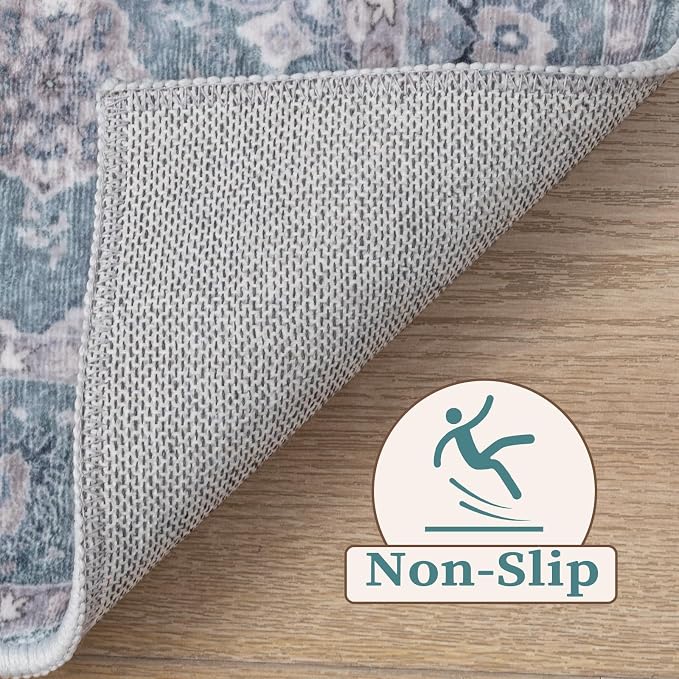 SERISSA 3x5 Boho Floral Area Rugs for Bedroom, Washable Kitchen Rugs Non-Slip, Ultra Soft Print Distressed Vintage Blue Grey Entry Rug Low-Pile Throw Rug Carpet for Bedroom Living Room Dorm Decor