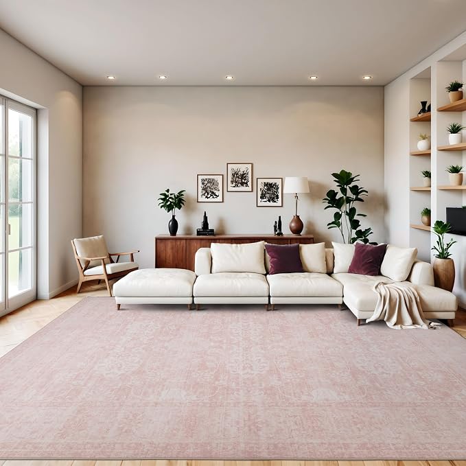 4x6 Vintage Washable Area Rug, Pink | Living Room, Non Slip Boho Carpet, Soft Indoor Stain Resistant, Floral Print Mat for Bedroom Dining Room Entryway