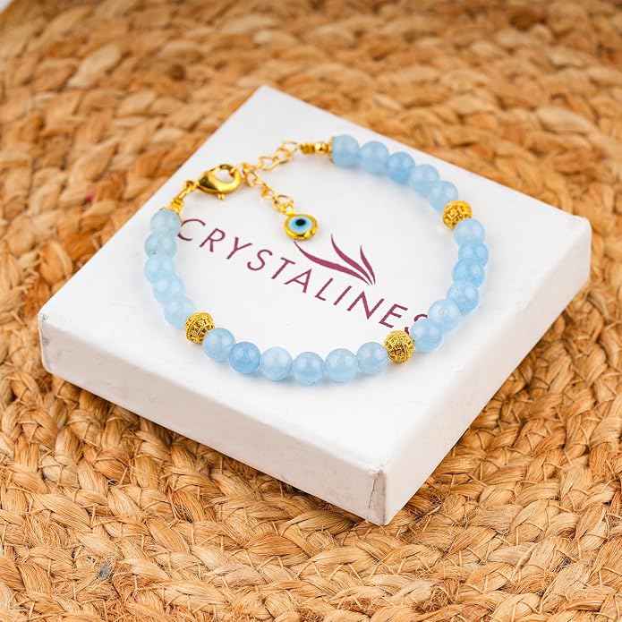 AAA Grade Natural Gemstone Beaded Bracelet, 14K Gold Plated with Evil Charm, Wicca & Reiki Healing Crystals, Handmade Bohemian Jewelry, Christmas Gift for Women (7+1inch)