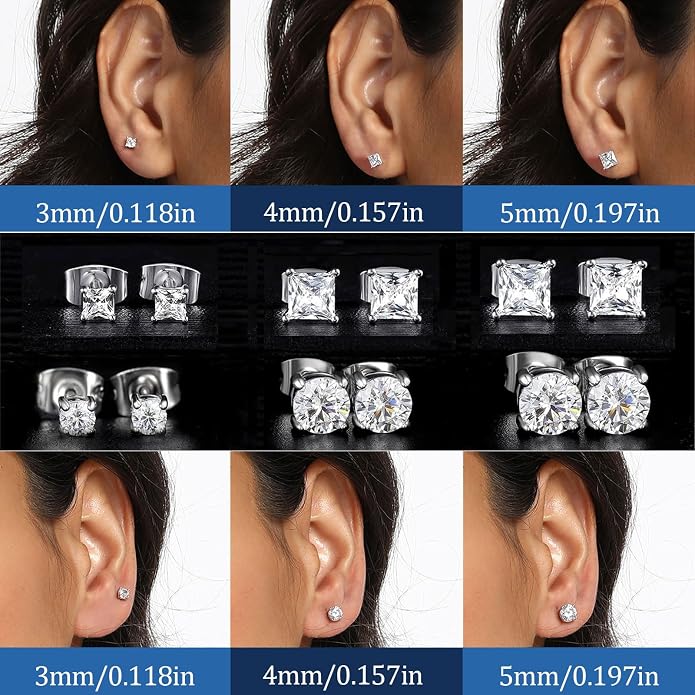 MDFUN 6 Pairs Stud Earrings Set 3mm/5mm/7mm Princess & Round Cubic Zirconia Earrings Hypoallergenic 316L Surgical Stainless Steel CZ Earrings for Women Men