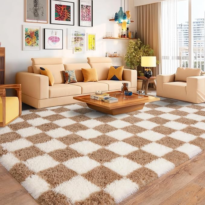 Pionblank 9x12 Area Rug, Large Fluffy Checkered Rugs for Living Room, Shag Rug for Bedroom, Soft Non Slip Shag Carpet for Kids Room Nursery Home Decor, Beige and Cream White