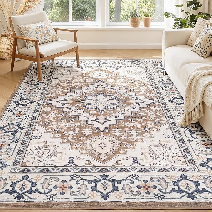 5x7 Washable Rugs, Area Rugs for Living Room, Bedroom, Kitchen, Vintage Boho Carpets, Soft Non-Slip Low Pile Large Area Rug for Dining Room Home Office Indoor Nursery, Brown Cream